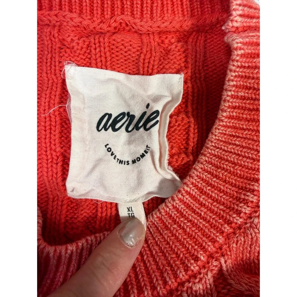 Aerie Women XL Coral Orange Cable Knit Cropped Sweater 100% Cotton Long Sleeve
